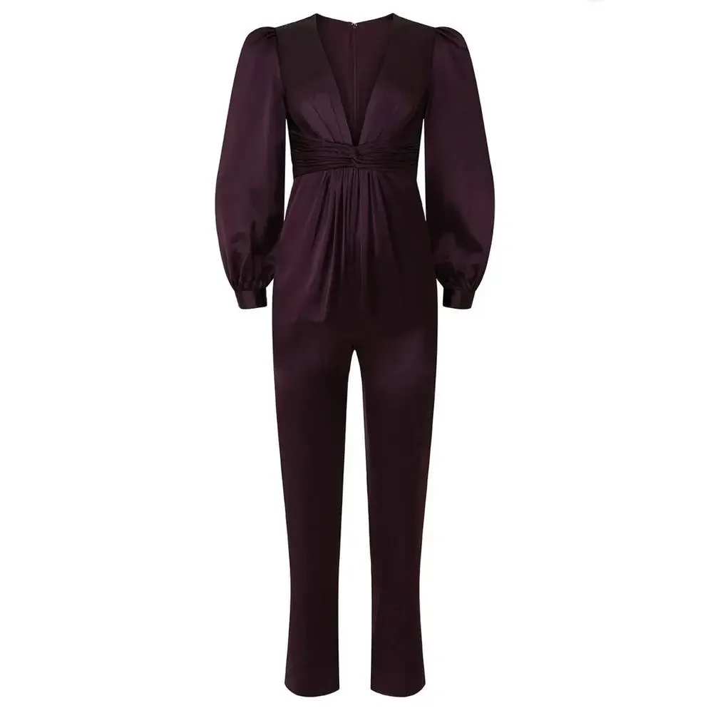 Plum Satin Puff Sleeve Straight Leg Jumpsuit Deep V Formal Evening Sz 2 EUC - Picture 4 of 11